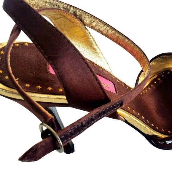 Betsey Johnson Cristie Platform Heels 7 Strappy Rhinestone Brown Gold Open Toe - Picture 12 of 13